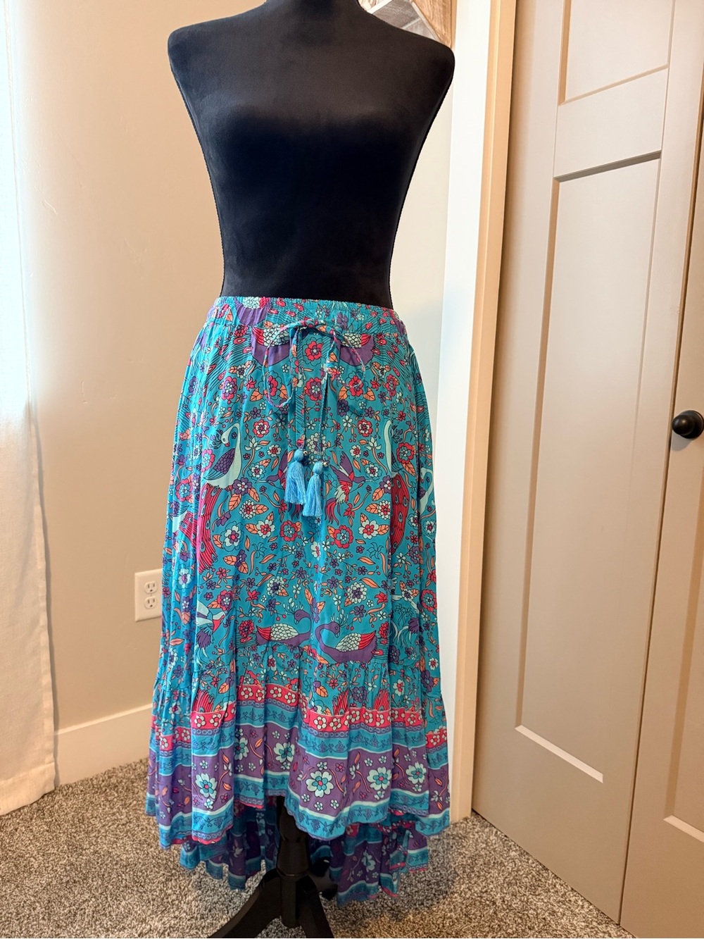 Wilde Bella Bohemian Blue Floral/Peacock Print Tiered Maxi Skirt with Tassel Tie